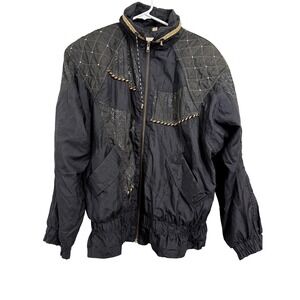Vintage G4000 Womens Black Windbreaker Jacket Paisley Quilted Studded Large 80s
